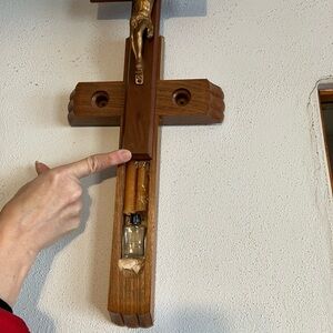 Wooden cross for wall and/or table slides open and holds candles -True treasure!